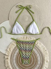 Swim Vcay Women's 2pcs Vacation Beach Contrast Color Tie-Up Halter Neck Bikini Set, Summer