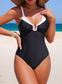 Shapewave 1pc Black & White Color Block Slimming Monokini, Elegant Minimalist Design, Suitable For Spring/Summer Beach Holiday Tummy Control Swim