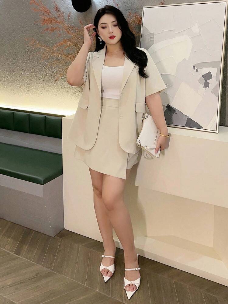 Dazy Plus 2pcs Summer Casual Solid Color Loose Lapel Pocketed Short Sleeve Blazer And Elastic Waist Skort Set, Business & Leisure