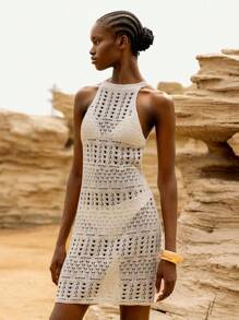 Lumivelle Women Off Shoulder Sleeveless Hollow Knitted Slip Dress