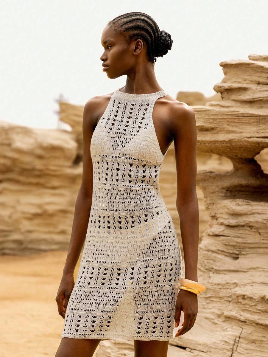 Lumivelle Women Off Shoulder Sleeveless Hollow Knitted Slip Dress