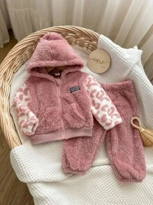 SHEIN 2 件套女婴羊毛连帽夹克和裤子套装