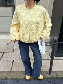Muchica Nouvelle veste ample courte en jacquard jaune d'automne, col rond