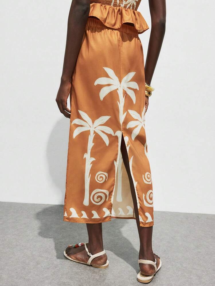 SHEIN Maija Women's Boho Brown Long Woven Fabric Skirt With Palm Tree Print And Split Detail