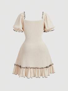 SHEIN MOD Váy xuân/hè mới cỡ lớn dành cho nữ có nơ bướm, tay bồng, viền bèo nhún và màu mơ có họa tiết - Màu be - Xem 2