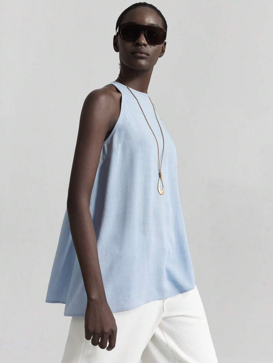 Ontre 2025新款音乐节、演唱会、乡村音乐节女士音乐活动，度假风圆领镂空无袖亚麻材质米色女式上衣，春夏日常休闲浅蓝色女式上衣，女士亚麻上衣，女士无袖上衣沙滩装，波西米亚风度假装，四季皆宜的ins明星同款度假风，异域风情，乡村演唱会，西部风服装，高档面料，舒适透气 - 藍色 - 查看 1