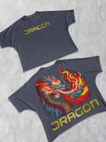 ROMWE MEN Anime Men's Summer Casual Dragon Print Short Sleeve T-Shirt - Dark Grey - View 2