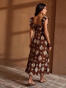 MOTF PREMIUM WOMEN SQUARE NECK HOLLOW OUT EMBROIDERED WAIST BUCKLE BELTED LONG DRESS - Brown - View 3