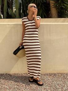 Livesso Đầm dệt kim kẻ sọc phong cách nghỉ mát mùa hè mới về dành cho nữ, thích hợp mặc đi biển, đi nghỉ mát. - màu nâu - Xem 4