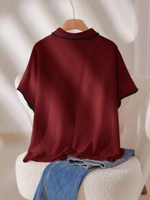 CosyJoli Áo sơ mi tay ngắn cài nút màu khối cỡ lớn thường ngày - Đỏ - Xem 2