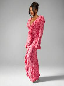 MISSGUIDED 长袖荷叶边细节花卉蕾丝低胸高腰及地长款特殊场合晚礼服婚礼宾客礼服 - 粉色 - 查看 3