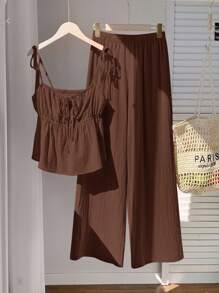 Comfortcana 棕色编织亚麻背心和裤子套装 - 棕色 - 查看 5