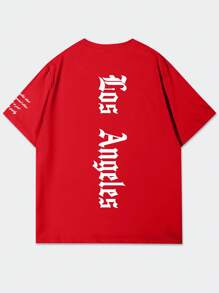 Manfinity LEGND Camiseta de manga corta con estampado de eslogan para hombres, adecuada para uso diario en primavera y verano, estilo de los 2000 - Rojo - Ver 3