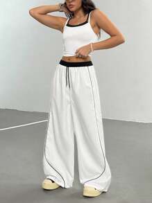 SHEIN 2pcs/Set Teens Street Style Casual All-Match Versatile Sports Fake 2-In-1 Tank Top + Contrast Trim Loose Pants Set - Black and White - View 5