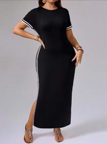 SHEIN Tall Women Plus Size Long Split Hem Dress, Spring/Summer Black And White Dress Women Black Dress With Slit Sporty Dress - Black - View 3
