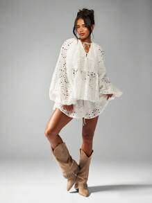 MISSGUIDED Broderie Anglaise Two Piece Festival Summer Boho Romper With Balloon Sleeves And Drawstring Details Beach Holiday Co Ord - White - View 3