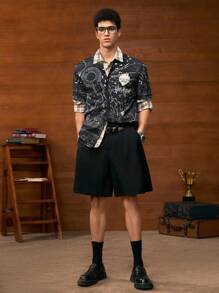 HARRY POTTER X SHEIN Men's Letter Graphic Front Button Short Sleeve Shirt, Summer - Black - View 3