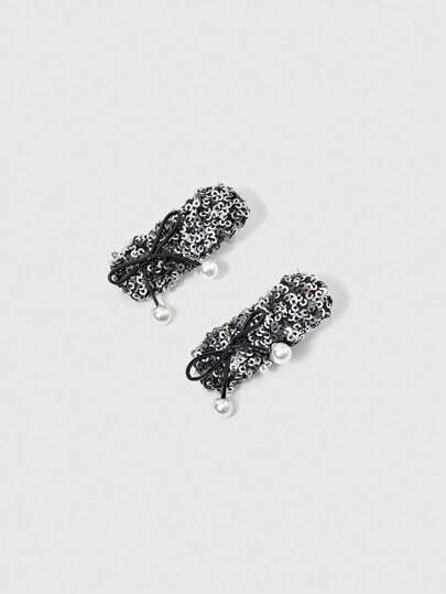 Grunge Punk Faux Pearl Bow Silver Rectangle Hair Clip, Suitable For Everyday Wear