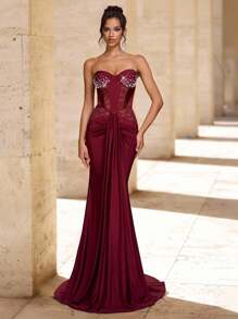 Glamrae Elegante, lujoso y sexy vestido largo de gasa con parche de encaje elástico, drapeado, de estilo sirena, adecuado para boda, fiesta, discoteca, vacaciones, vestido de gala (de gran resistencia) - Burdeos - Ver 2