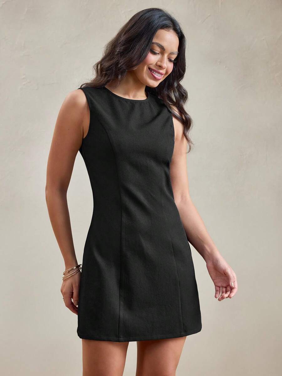 Wildy Vestido negro mini estilo formal básico de mezclilla al estilo americano campestre casual, para vestir cuando sale la profesora. Vestido negro mini formal para mujeres - Negro - Ver 1