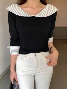 DAZY Modisches & elegantes Langarm T-Shirt mit Spliss-Detail und Reverskragen - Schwarz - Übersicht 6