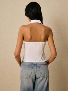 Poéselle Áo ba lỗ hở lưng cài nút phía trước màu trơn thanh lịch cho nữ, mùa hè - trắng - Xem 2