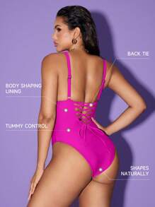 Shapewave Traje de baño de una pieza con control de abdomen, alza glúteos, cuello en V marrón terroso y paneles laterales divididos, para control de línea, elegante y minimalista, para vacaciones y playa en primavera y verano