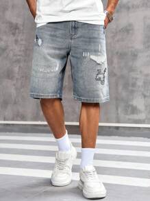 Manfinity Homme Quần short denim ống rộng túi rách thoải mái cho nam - Rửa nhẹ - Xem 3