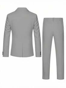 Calvornis 2pcs Men's Solid Color Lapel Neck Long Sleeve Blazer And Pants Casual Suit Set - Light Grey - View 2