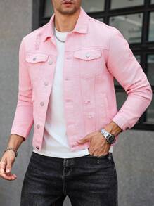 Manfinity Homme 男士长袖单排扣破洞口袋牛仔夹克，粉色，秋季 - 粉色 - 查看 5