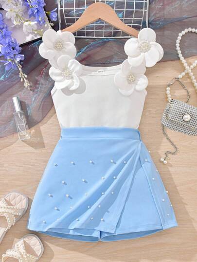 Tween Girls 3D Floral White Tank Top Paired With Faux Pearl Decorated Skirt Pants Set