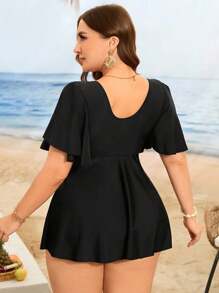 Swim Lushoire 大码女式纯色两件套泳衣，配有可拆卸护垫，优雅的金属配件细节，镂空臂带荷叶边袖子，高腰三角形下摆，休闲度假风格沙滩装