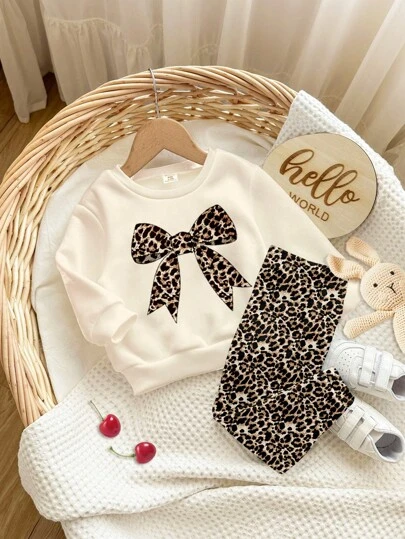 Emery Rose Kids Emery Rose Kids Happikins 奶油白可爱复古豹纹蝴蝶结设计女婴休闲针织柔软加厚圆领长袖卫衣和打底裤套装，秋冬季女婴豹纹印花服装，豹纹女婴套装，带蝴蝶结的女婴服装，女婴豹纹打底裤，动物纹印花套装