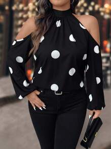 EMERY ROSE Plus Size Women's Spring And Summer Dot Print Open Shoulder Loose Blouse Fall Cloth For Women