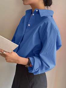 DAZY Casual Plain Long Sleeve Shirt - Royal Blue - View 3