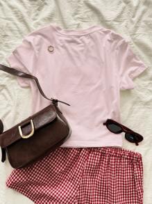 INAWLY 女士圆领短袖花卉印花简约 T 恤，休闲日常穿着图案 T 恤女式上衣 - 淺粉色 - 查看 2