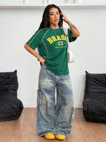 Coolane 女款街头风 Y2K 酷炫活动字母印花撞色短袖黑色 T 恤 - 綠色 - 查看 5