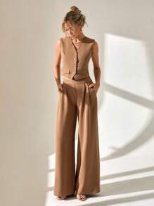 SHEIN Cottnline 女士背心和阔腿褶皱裤套装两件套 - 米色 - 查看 6