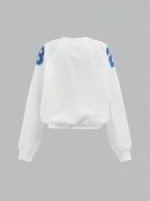 SHEIN Girlism Teen Girls Hoodie & Casual Loose Sporty Number & Letter V-Neck Raglan Sweatshirt & Printed Drawstring Waist Cuffed Sweatpants Co-Ord Set, Autumn/Winter Fall - Blue and White - View 4