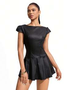 INAWLY Women's Black Bow Design Coated Elastic Bodycon Round Neck Sexy Backless Dress - Black - View 3