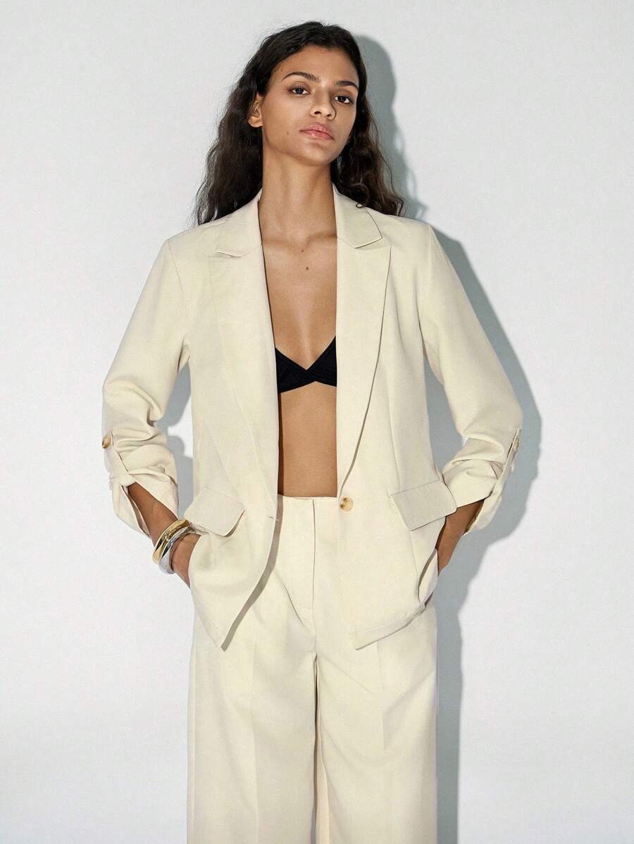 Lumivelle 女士休闲简约缺口领袖口前开襟西装外套女式西装工作服 - 杏色 - 查看 1