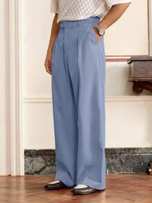 Manfinity VCAY Men's Woven Casual Loose Solid Color Elastic Waist Wide Leg Pants, Fall - Dusty Blue - View 4