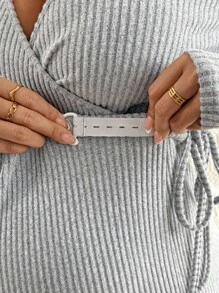 SHEIN 2件套孕妇纯色裹身打结长袖上衣和裤子休闲哺乳套装