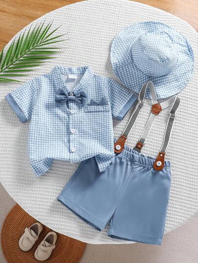SHEIN Conjunto de 4 piezas en cuadros verdes para bebé niño, incluyendo top de manga corta con cuello y pantalones cortos tipo babero, atuendo de caballero adecuado para cumpleaños, boda, graduación, ocasiones formales o informales