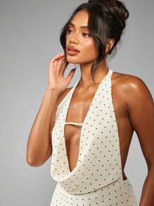 MISSGUIDED Vestido mini halter de lunares de verano de gasa sin espalda, vestido de fiesta con volantes en el bajo, vestido de dama de honor fluido para ocasiones especiales - Blanco - Ver 4