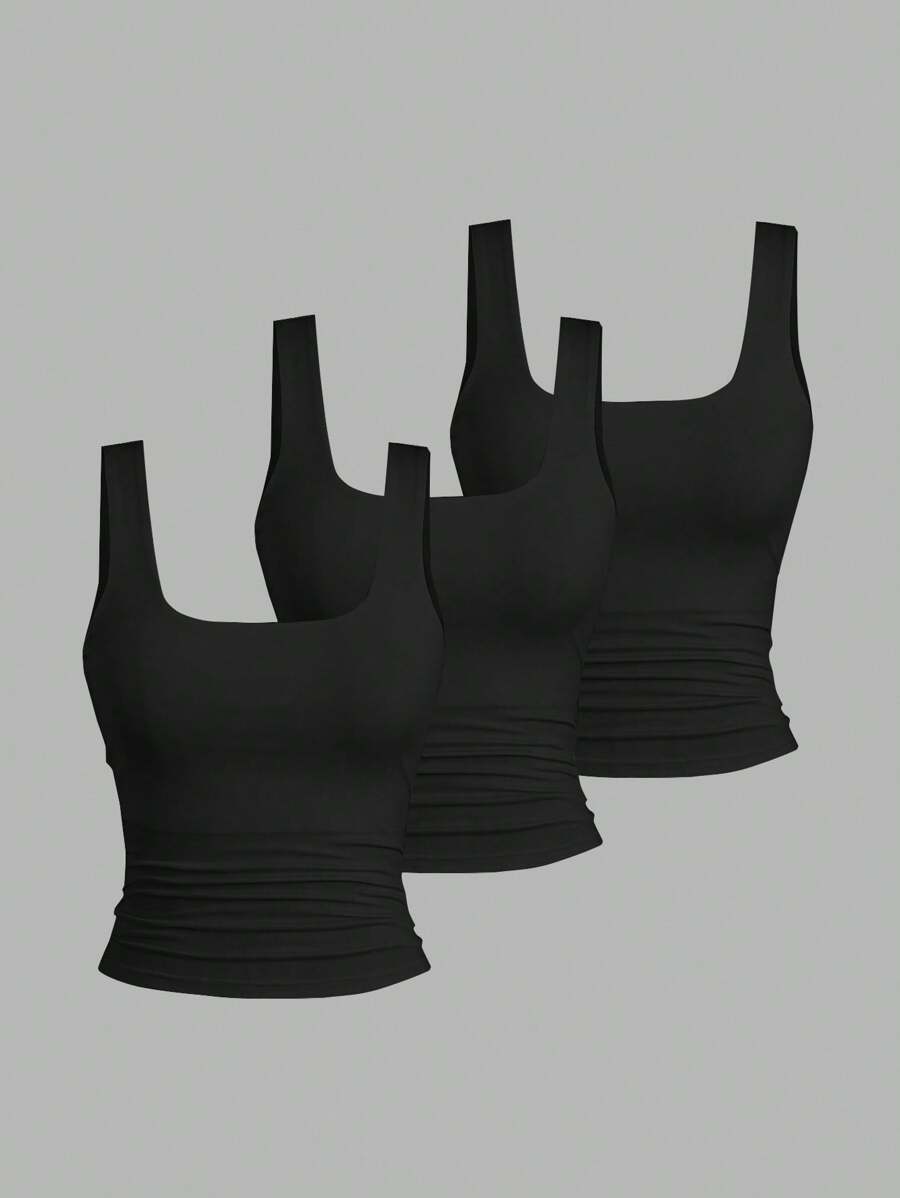 Sweetra 女士夏季休闲纯色吊带背心 - 黑色 - 查看 1