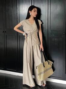 DAZY 2pcs Women Holiday Style Shirt And Wide Leg Pants Set, Spring/Summer