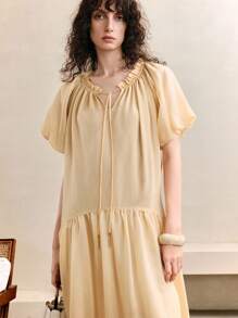 Arave Women's Viscose Fabric Summer Loose Casual Commuting Tie-Neck V-Neck Ruffled Lantern Sleeve Long Midi Dress,Butter Yellow Dress,Summer Dresses For Women,Casual Dresses For Woman,Flowy Dress,Modest Dresses For Women,Graduation Dresses For Women,Going Out Dress, Elegant Midi Dress,Wedding Guest Dress Women