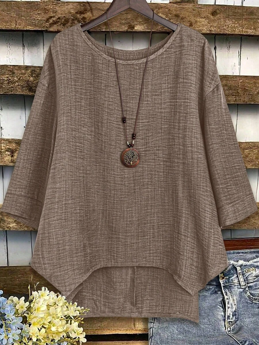 EMERY ROSE Plus Size Casual Simple Solid Color Round Neck 3/4 Sleeve Shirt - Coffee Brown - View 1