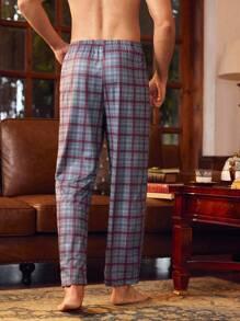 SHEIN Men's Plaid Straight Leg Lounge Pants, Fall - Burgundy - View 3